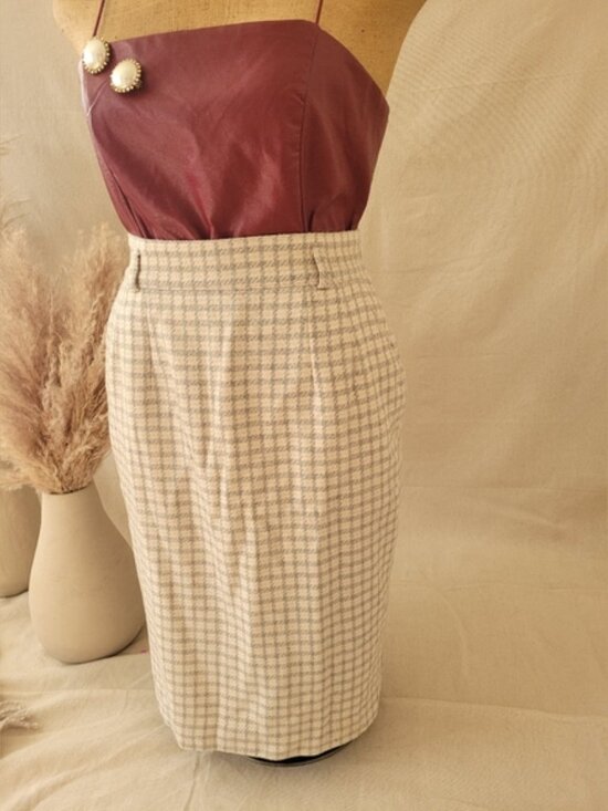 Vintage Neutral Color Wool Blend Plaid Pencil Skirt - Picture 7 of 13